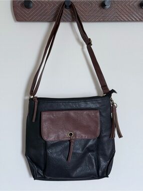 Bueno Black Brown Two Tone Leather Tassel Satchel Purse